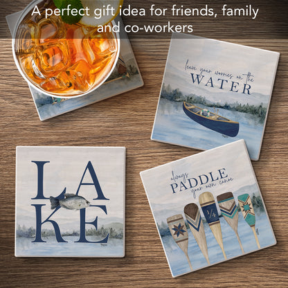 Thirstystone Wake at the Lake 4-Pack Assorted Tumbled Tile Stone Coasters 4" Square