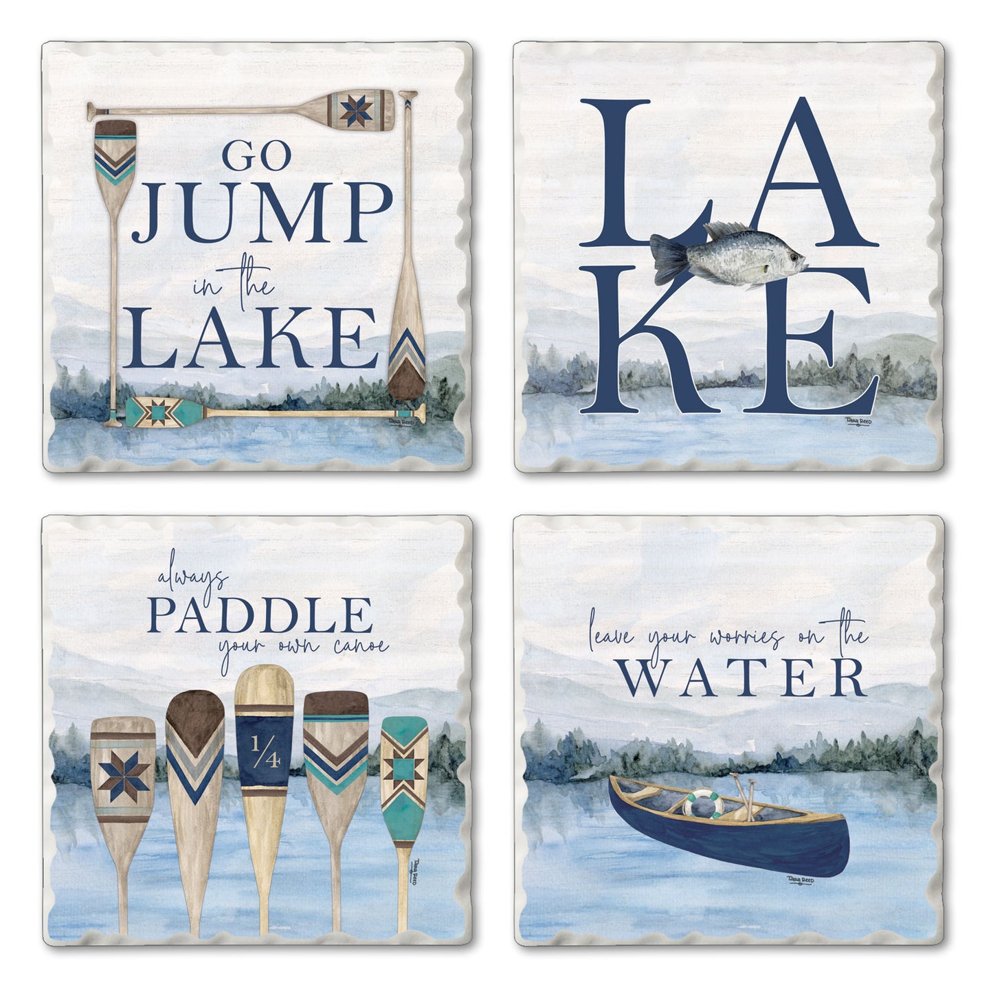Thirstystone Wake at the Lake 4-Pack Assorted Tumbled Tile Stone Coasters 4" Square