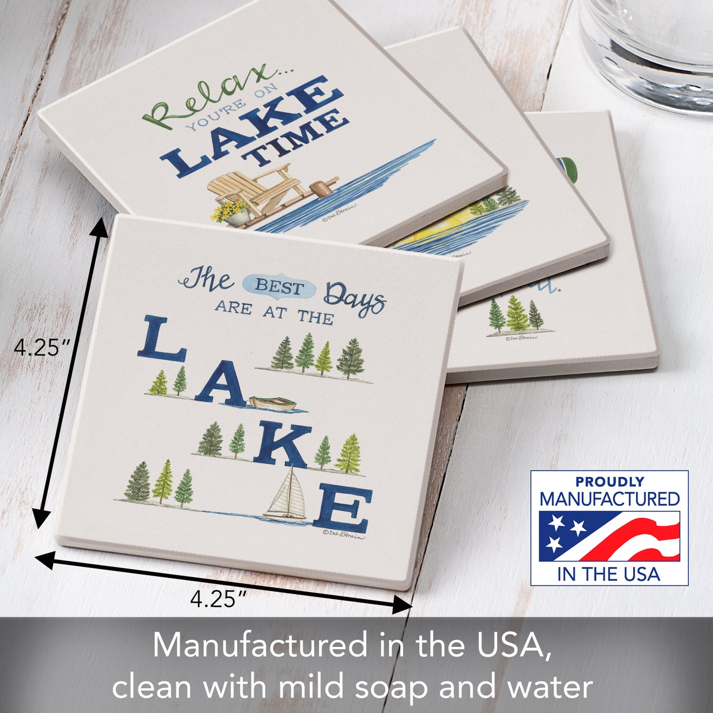 Thirstystone Lake Time 4-Pack Assorted Tumbled Tile Stone Coasters 4" Square