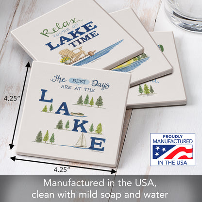 Thirstystone Lake Time 4-Pack Assorted Tumbled Tile Stone Coasters 4" Square