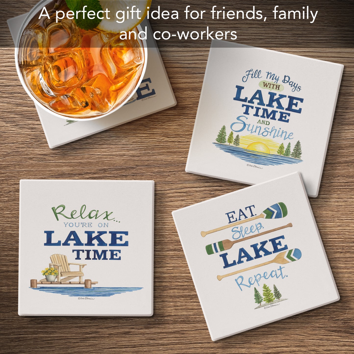 Thirstystone Lake Time 4-Pack Assorted Tumbled Tile Stone Coasters 4" Square