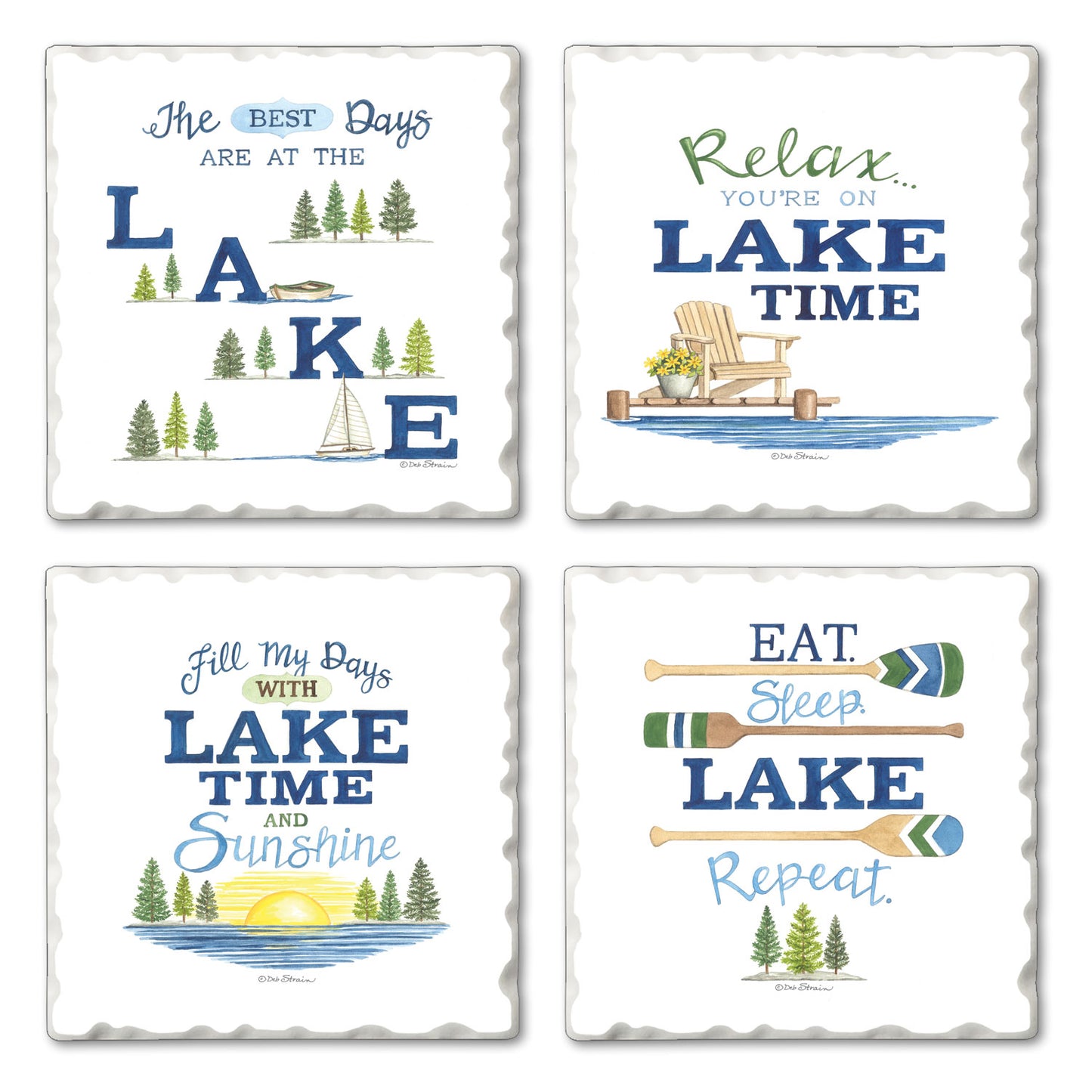 Thirstystone Lake Time 4-Pack Assorted Tumbled Tile Stone Coasters 4" Square