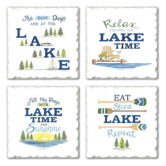 Thirstystone Lake Time 4-Pack Assorted Tumbled Tile Stone Coasters 4" Square