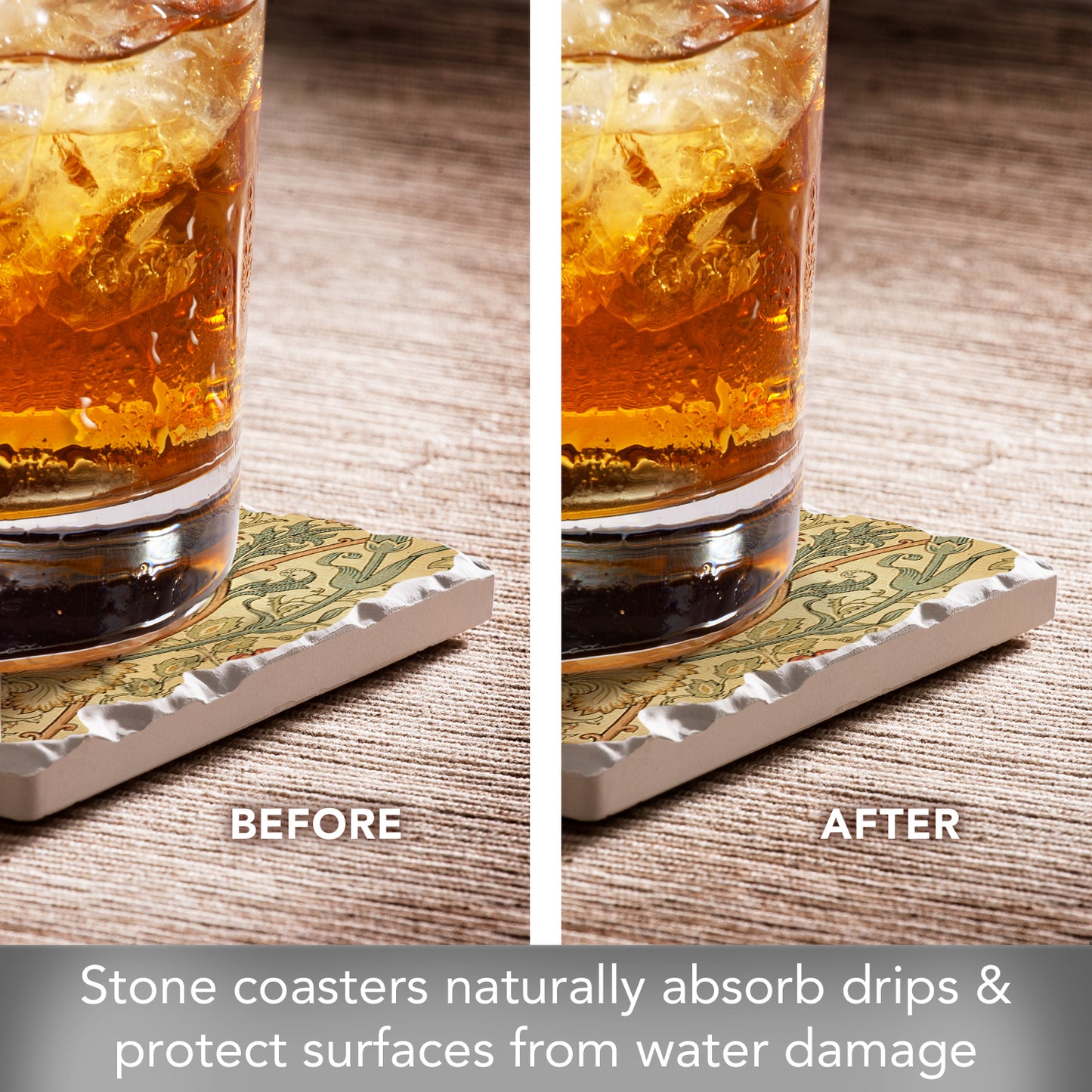 Thirstystone William Morris Textile Prints 4-Pack Assorted Tumbled Tile Stone Coasters 4" Square