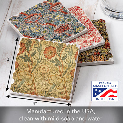 Thirstystone William Morris Textile Prints 4-Pack Assorted Tumbled Tile Stone Coasters 4" Square