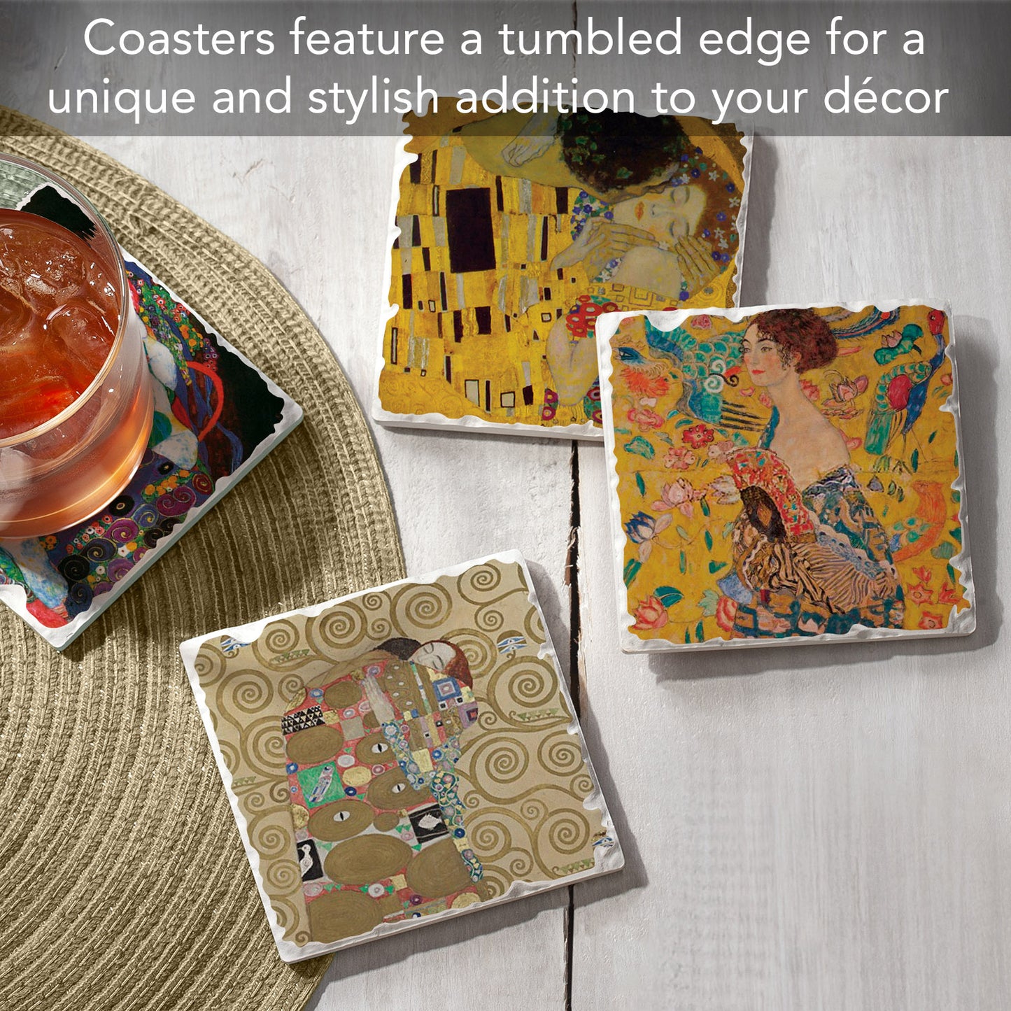 Thirstystone Gustav Klimt Collection 4-Pack Assorted Tumbled Tile Stone Coasters 4" Square