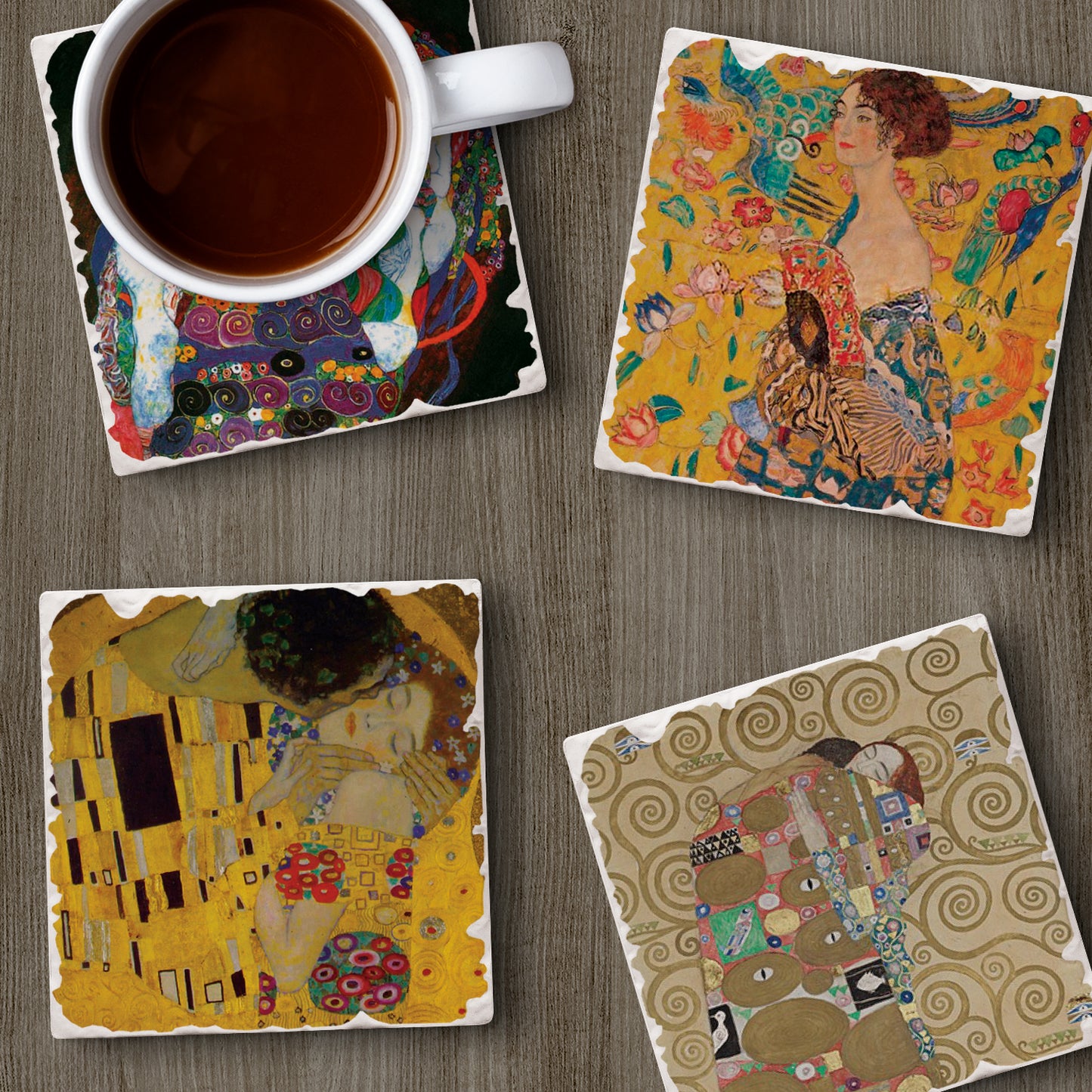 Thirstystone Gustav Klimt Collection 4-Pack Assorted Tumbled Tile Stone Coasters 4" Square