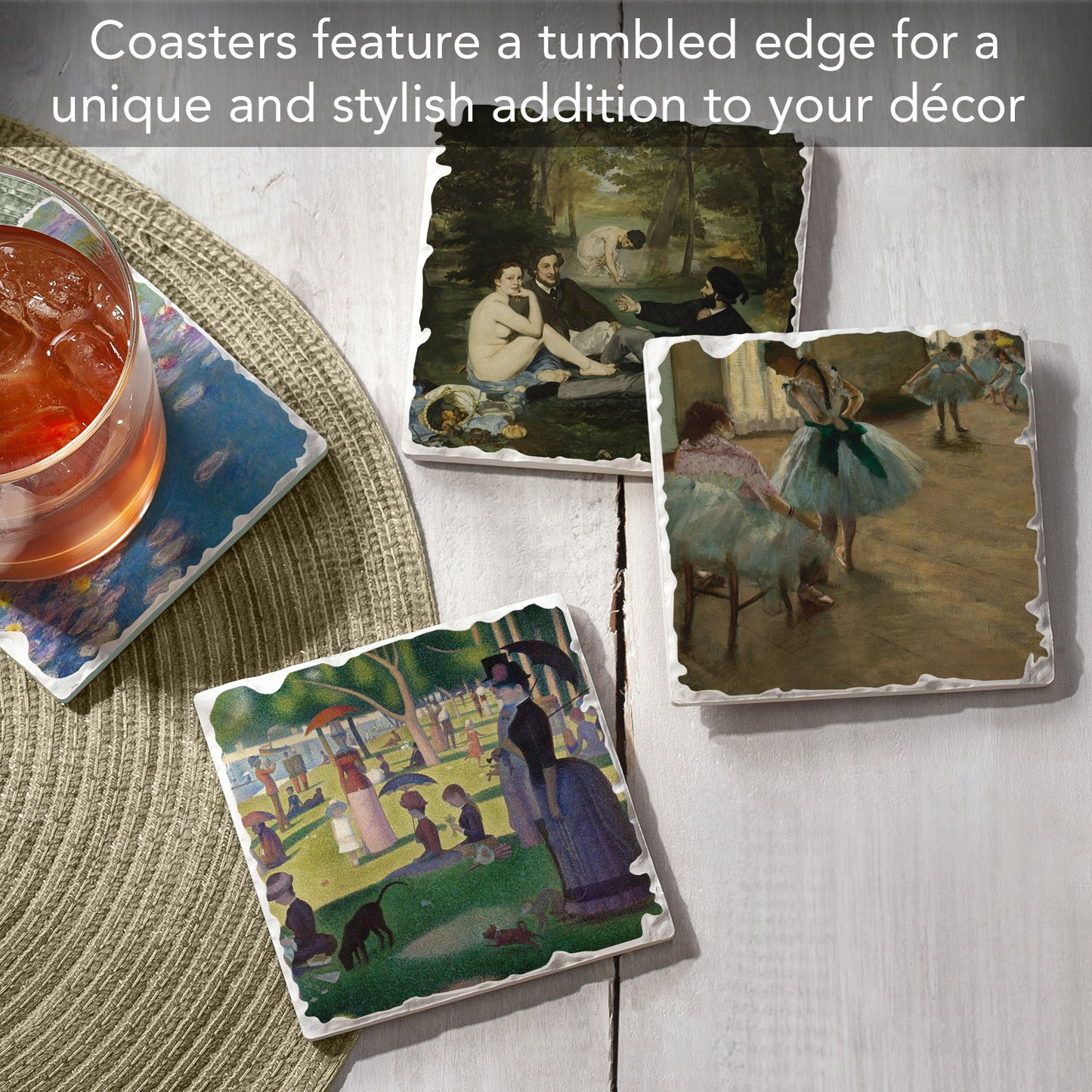 Thirstystone French Impressionists 4-Pack Assorted Tumbled Tile Stone Coasters 4" Square
