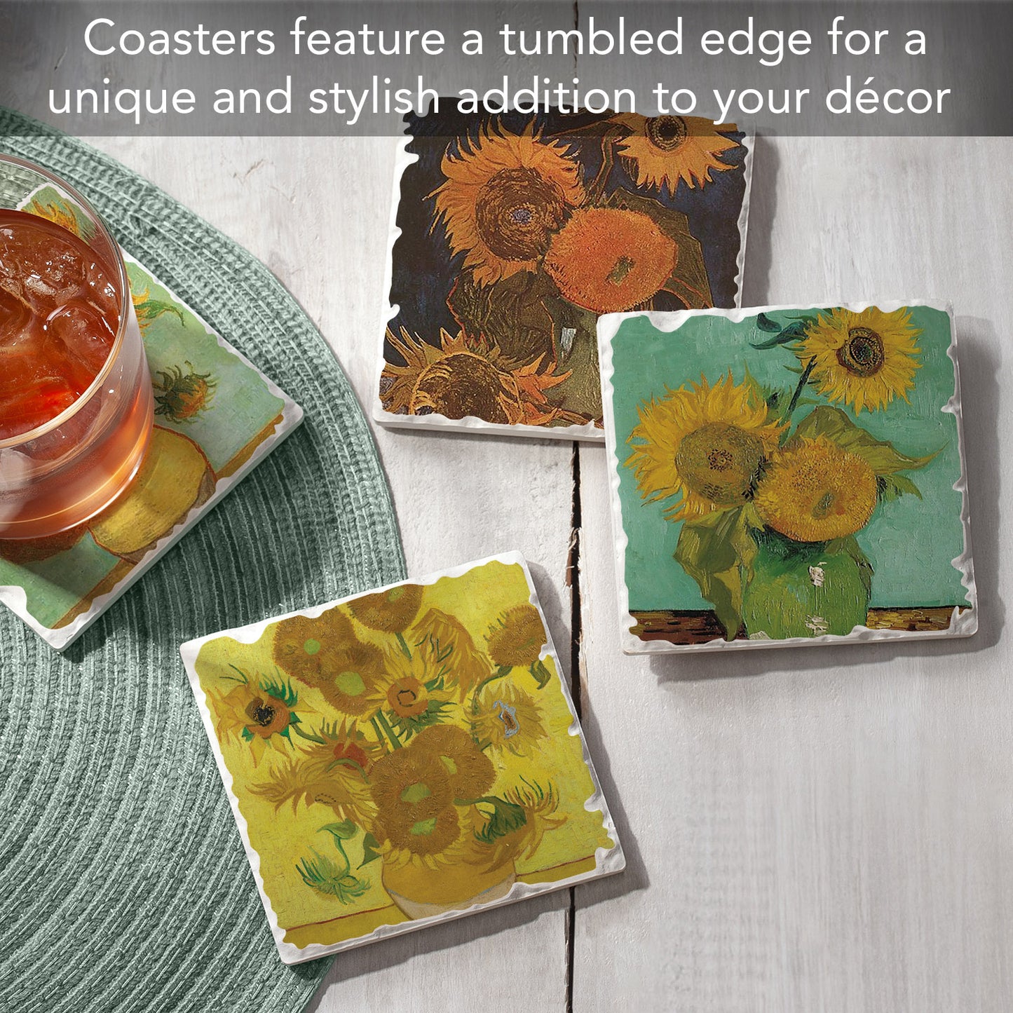 Thirstystone Van Gogh Sunflowers 4-Pack Assorted Tumbled Tile Stone Coasters 4" Square