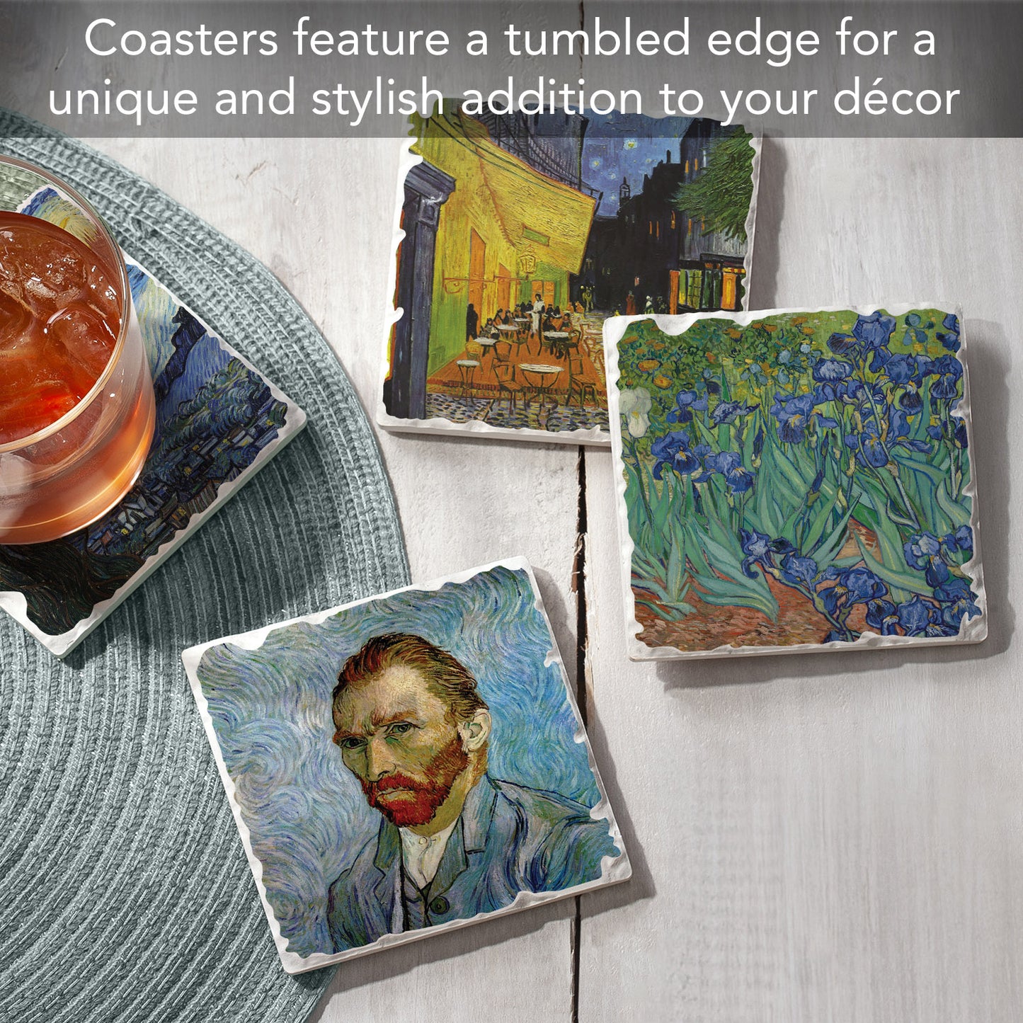 Thirstystone Van Gogh Classics 4-Pack Assorted Tumbled Tile Stone Coasters 4" Square