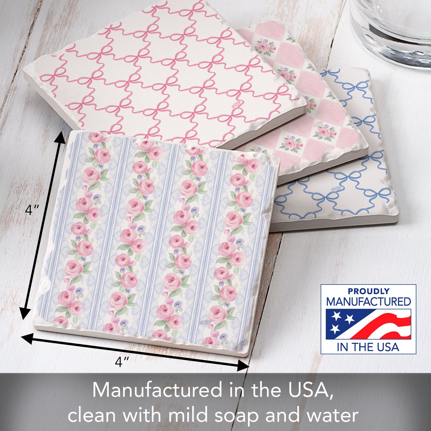 Thirstystone Pure Romance 4 Pack Assorted Tumbled Tile Stone Coasters 4" Square