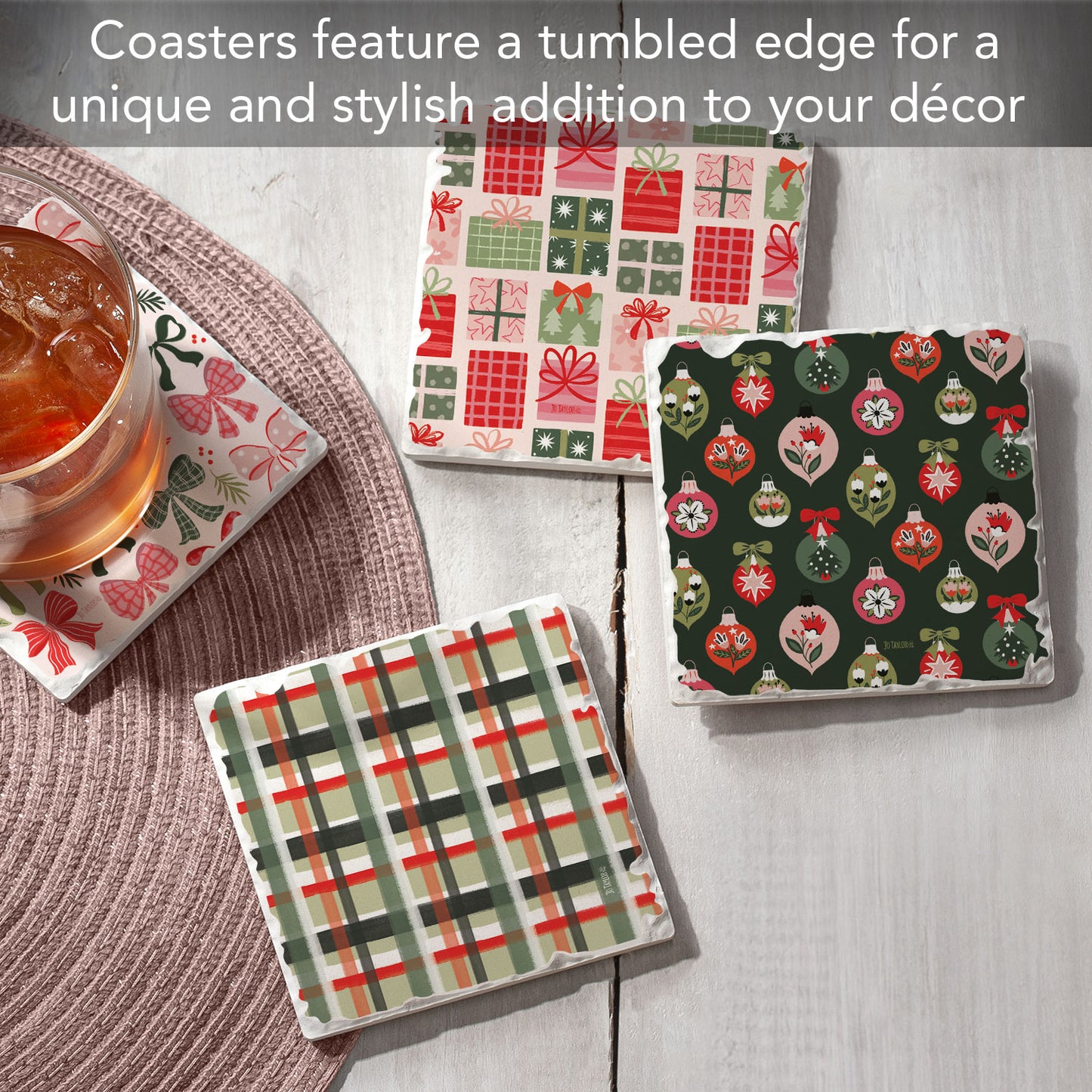 Thirstystone Christmas Joy 4 Pack Assorted Tumbled Tile Stone Coasters 4" Square