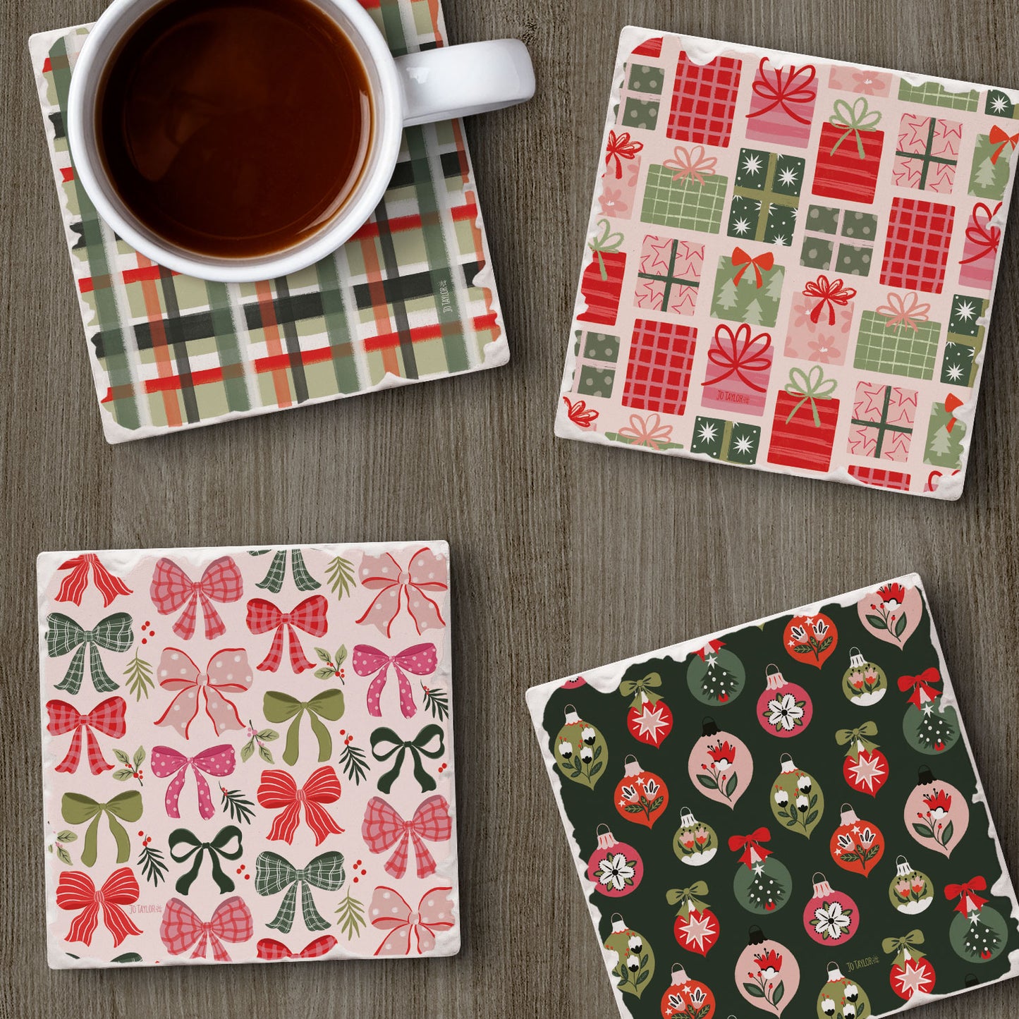Thirstystone Christmas Joy 4 Pack Assorted Tumbled Tile Stone Coasters 4" Square
