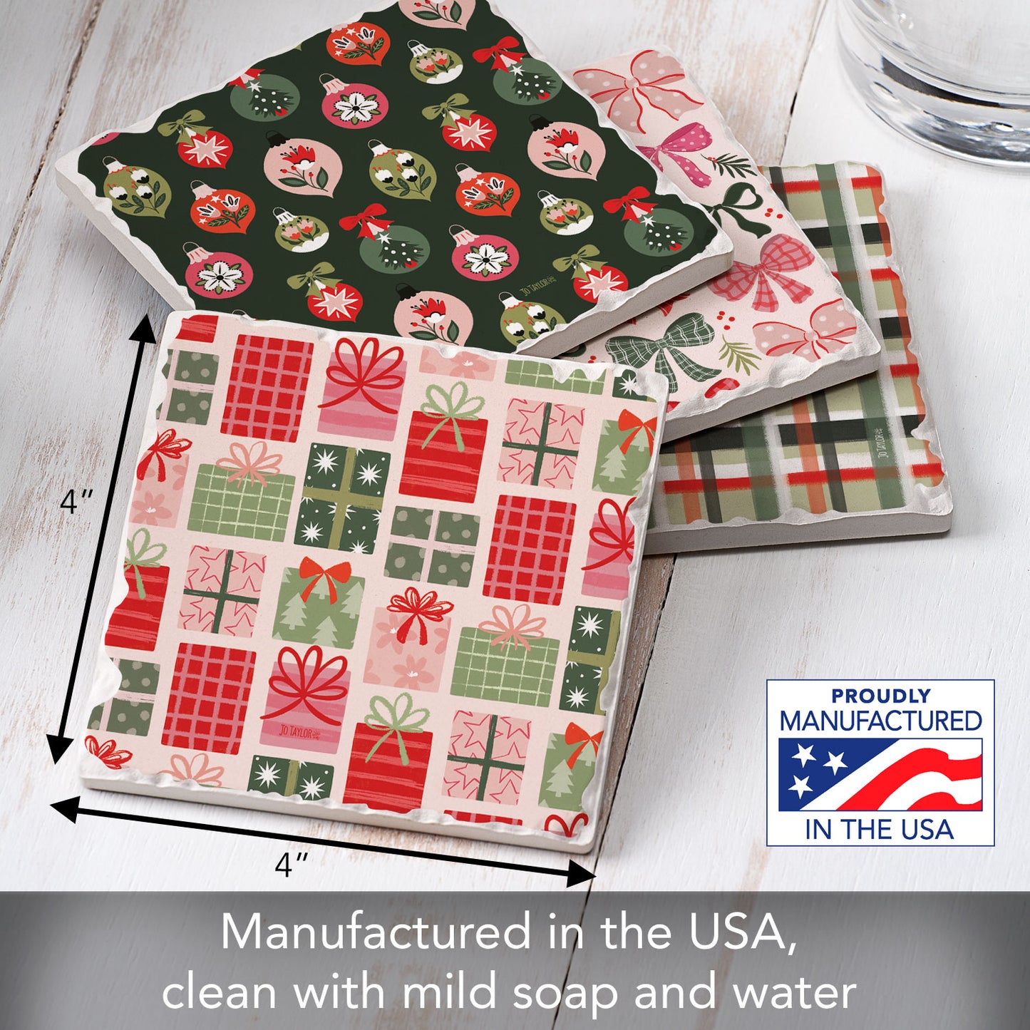 Thirstystone Christmas Joy 4 Pack Assorted Tumbled Tile Stone Coasters 4" Square
