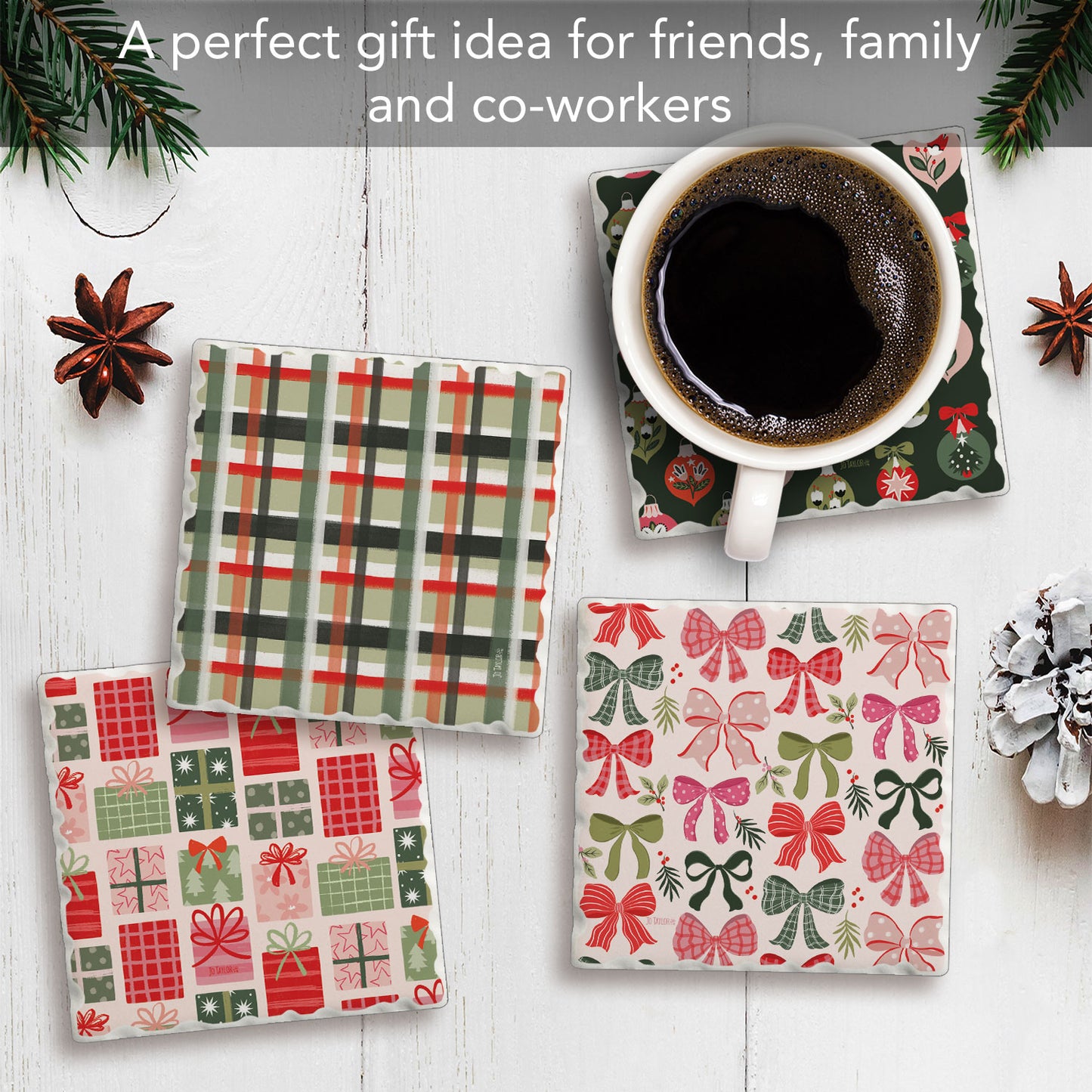Thirstystone Christmas Joy 4 Pack Assorted Tumbled Tile Stone Coasters 4" Square