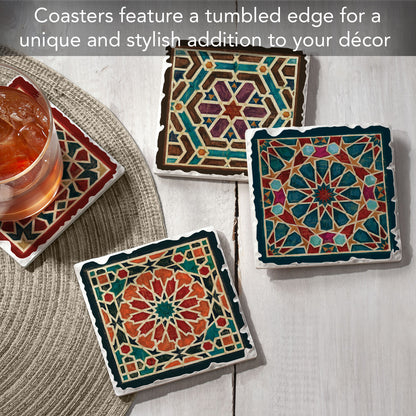 Thirstystone Geometric Tile Designs 4 Pack Assorted Tumbled Tile Stone Coasters 4" Square