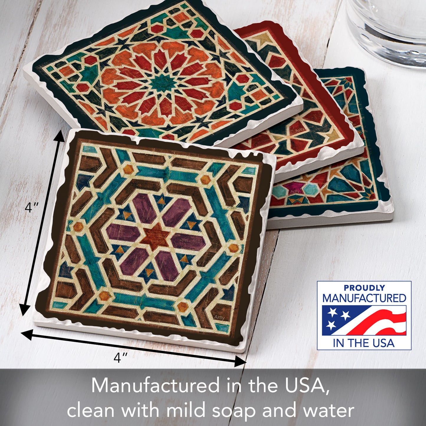 Thirstystone Geometric Tile Designs 4 Pack Assorted Tumbled Tile Stone Coasters 4" Square