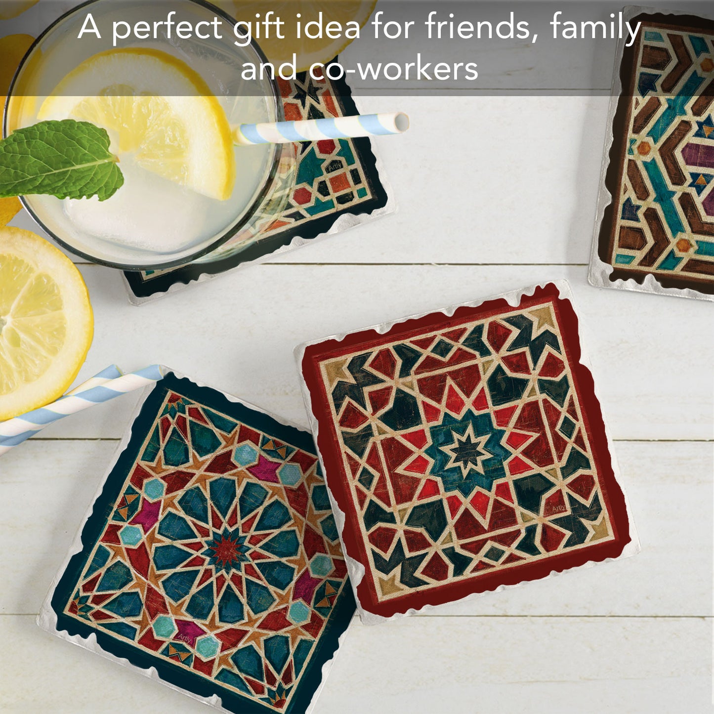 Thirstystone Geometric Tile Designs 4 Pack Assorted Tumbled Tile Stone Coasters 4" Square