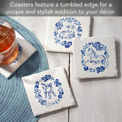 Thirstystone Blue Painted Farm 4 Pack Assorted Tumbled Tile Stone Coasters 4" Square
