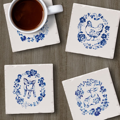 Thirstystone Blue Painted Farm 4 Pack Assorted Tumbled Tile Stone Coasters 4" Square