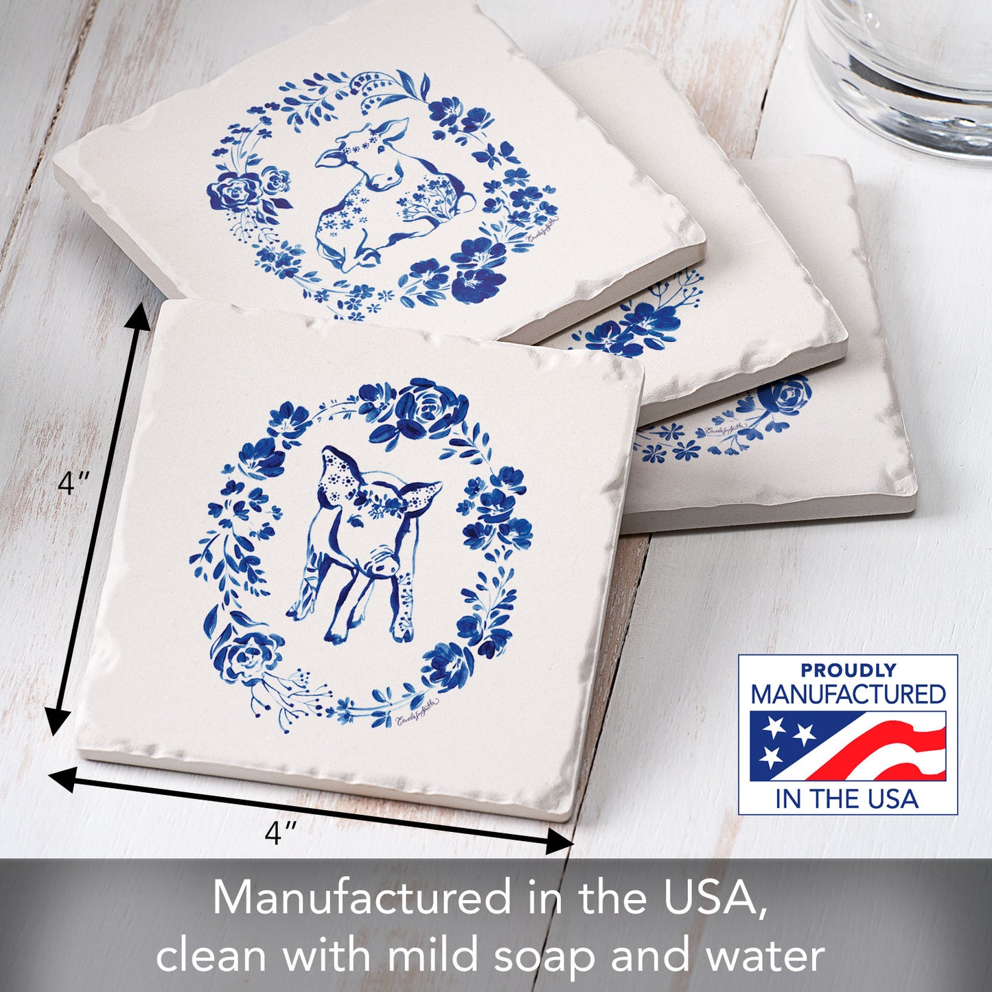Thirstystone Blue Painted Farm 4 Pack Assorted Tumbled Tile Stone Coasters 4" Square