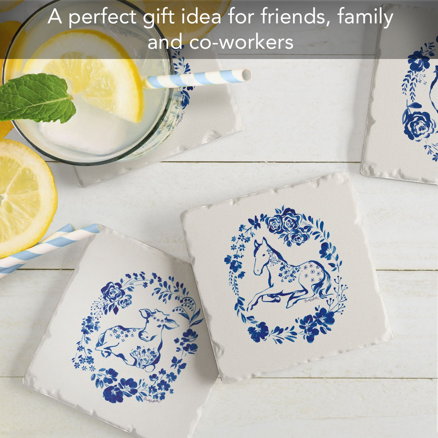Thirstystone Blue Painted Farm 4 Pack Assorted Tumbled Tile Stone Coasters 4" Square