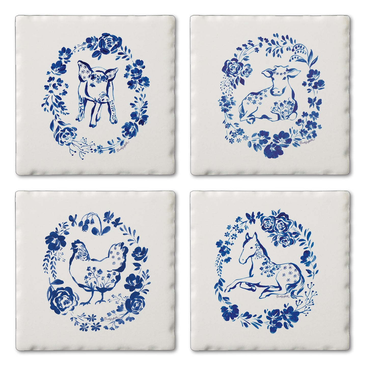 Thirstystone Blue Painted Farm 4 Pack Assorted Tumbled Tile Stone Coasters 4" Square