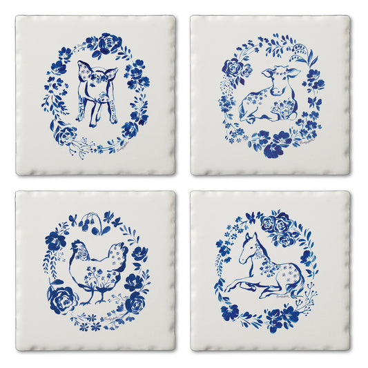 Thirstystone Blue Painted Farm 4 Pack Assorted Tumbled Tile Stone Coasters 4" Square