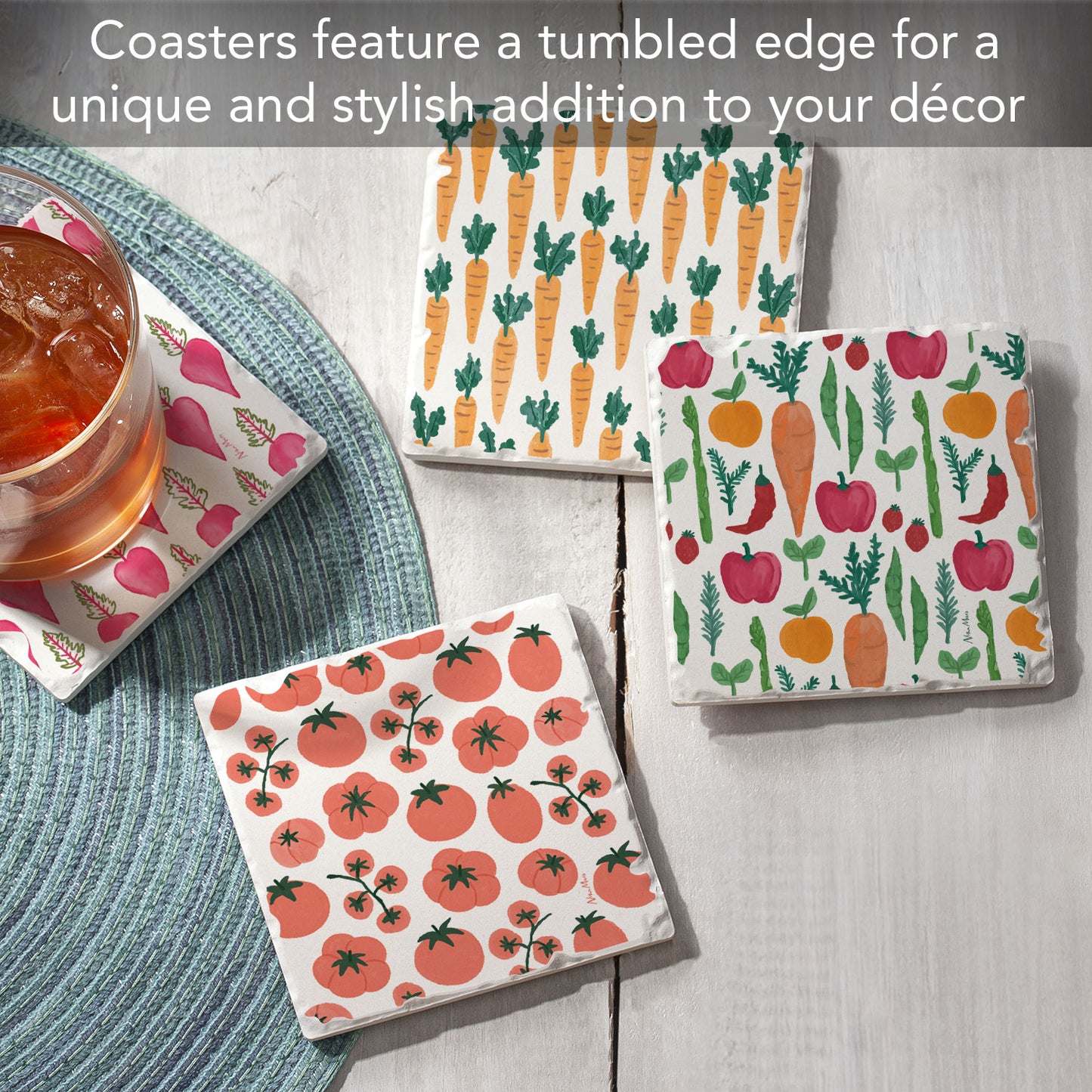 Thirstystone Fresh Veggies 4 Pack Assorted Tumbled Tile Stone Coasters 4" Square