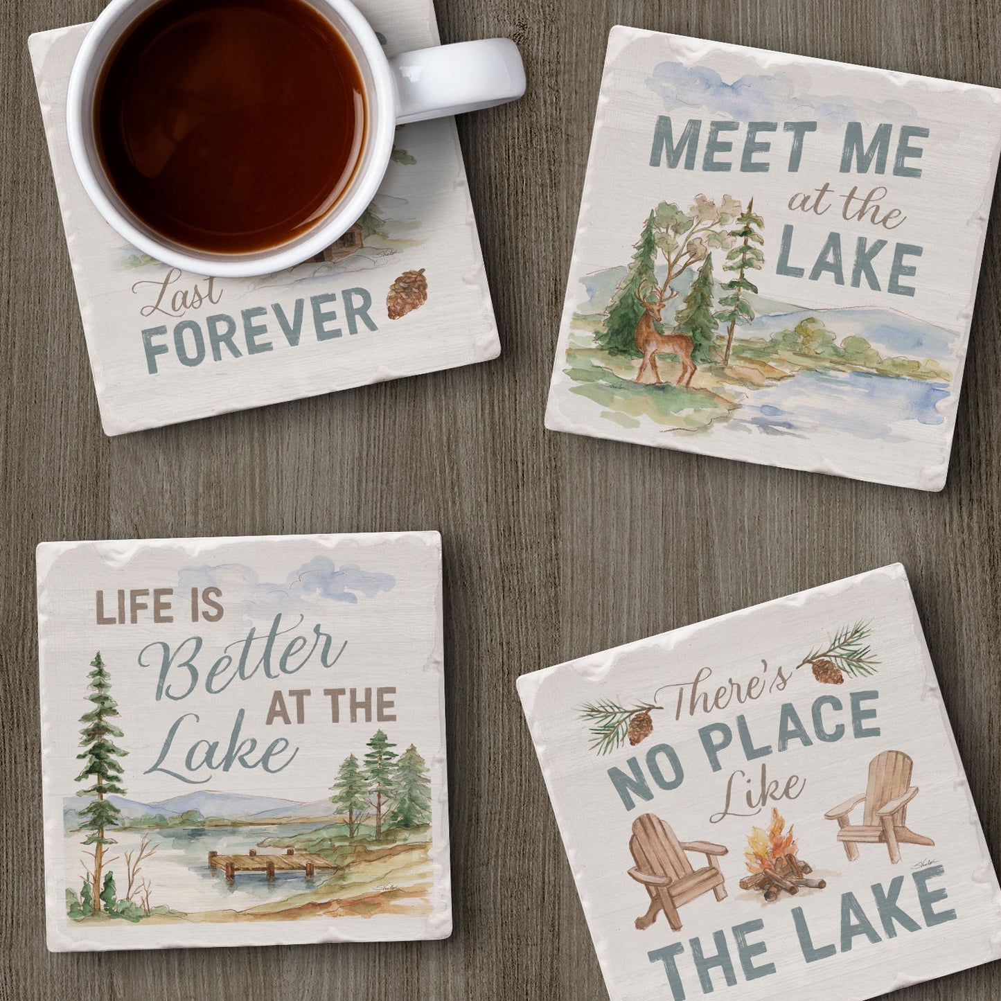 Thirstystone Rustic Lake 4 Pack Assorted Tumbled Tile Stone Coasters 4" Square