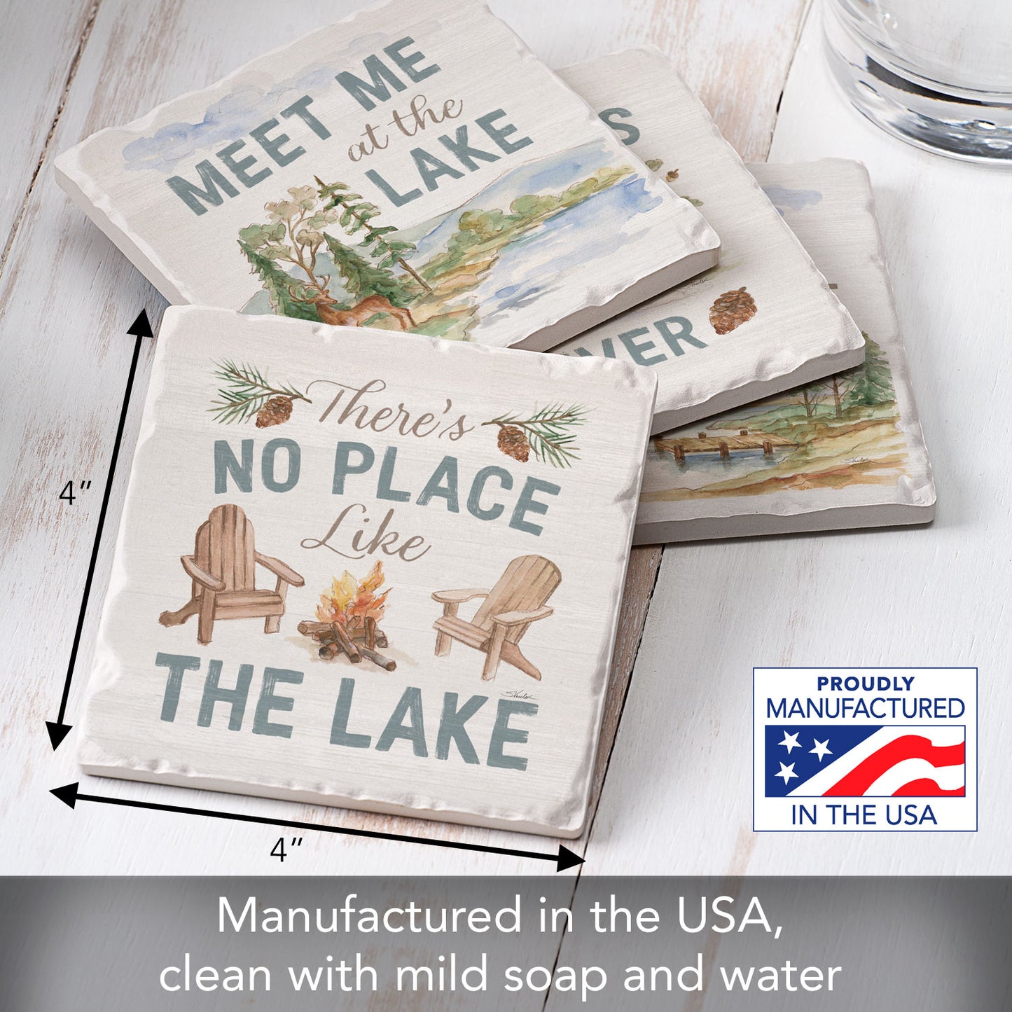 Thirstystone Rustic Lake 4 Pack Assorted Tumbled Tile Stone Coasters 4" Square