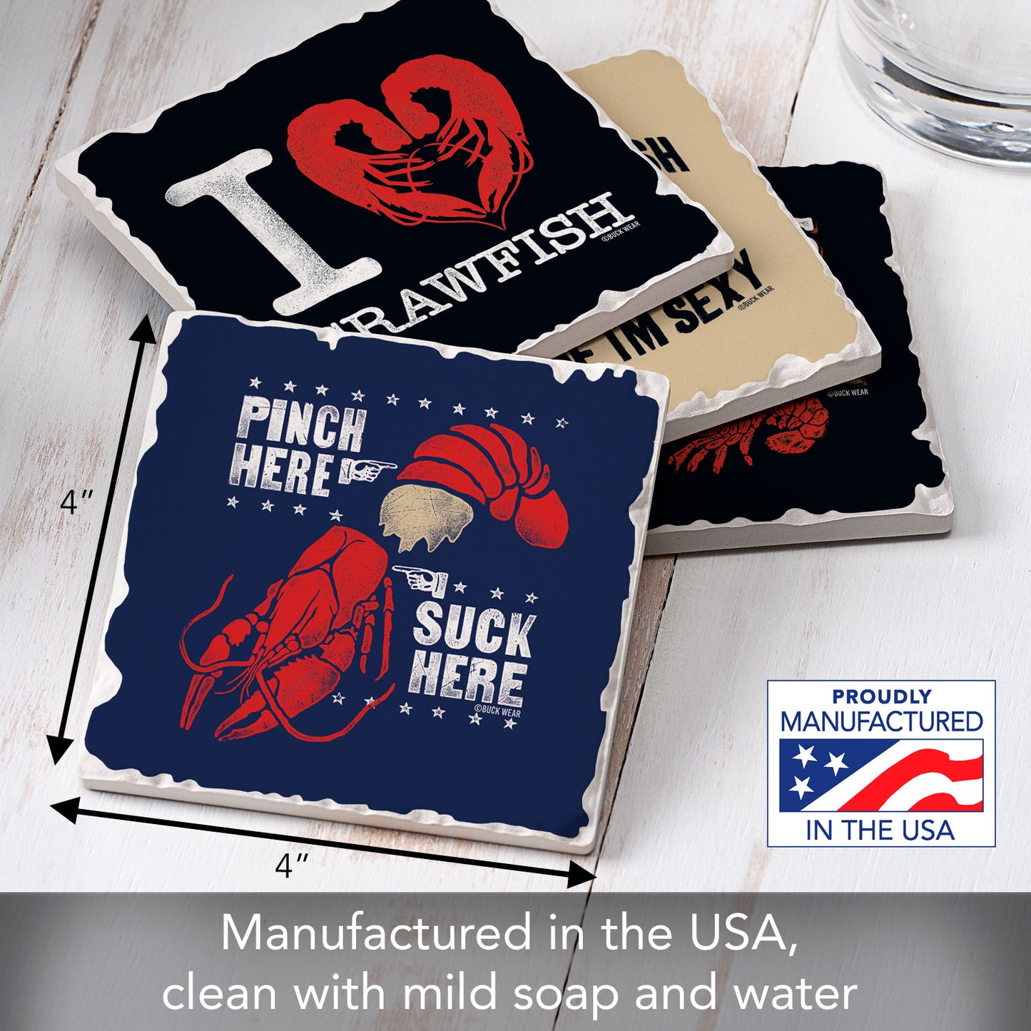Thirstystone Love Crawfish 4 Pack Assorted Tumbled Tile Stone Coasters 4" Square