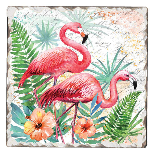 Thirstystone Flamingo Pair Single Tumbled Tile Stone Coaster with Protective Cork Backing Manufactured in The USA 4" Square, Colorful, Artistiic, Easily Wipes Clean