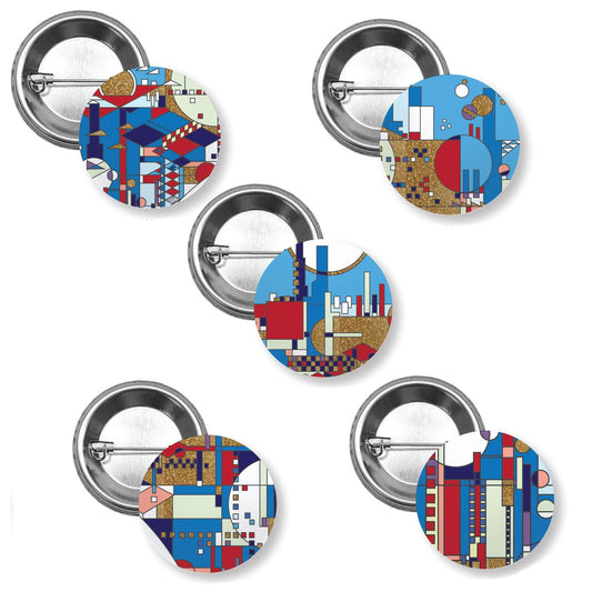 City By The Sea Decorative 5 Piece Button Collection by FLW 1.5” Diameter Manufactured in the USA Lapel Pin Brooch Badge Hat Pin