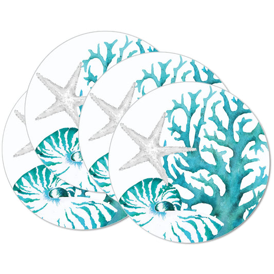 CounterArt Coral Life 4 Pack Round Reversible Easy Care Flexible Placemats Made in the USA