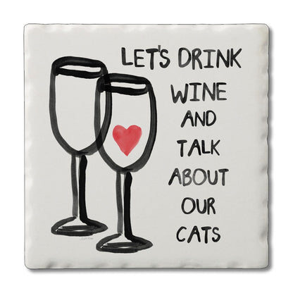 Thirstystone Wine & Cats Single Tumbled Tile Stone Coaster with Protective Cork Backing Manufactured in The USA 4" Square, Artistic, Easily Wipes Clean