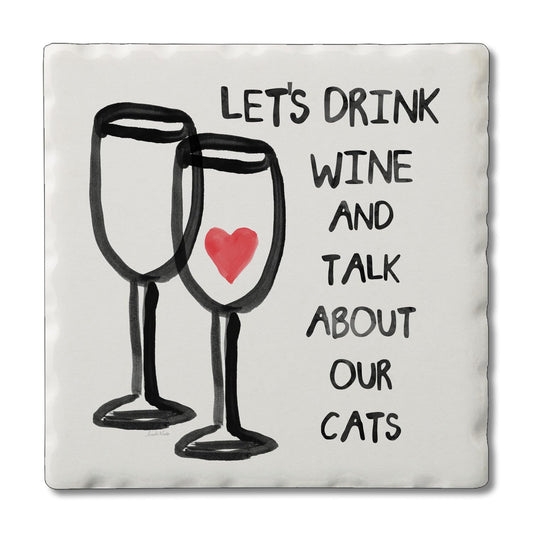 Thirstystone Wine & Cats Single Tumbled Tile Stone Coaster with Protective Cork Backing Manufactured in The USA 4" Square, Artistic, Easily Wipes Clean