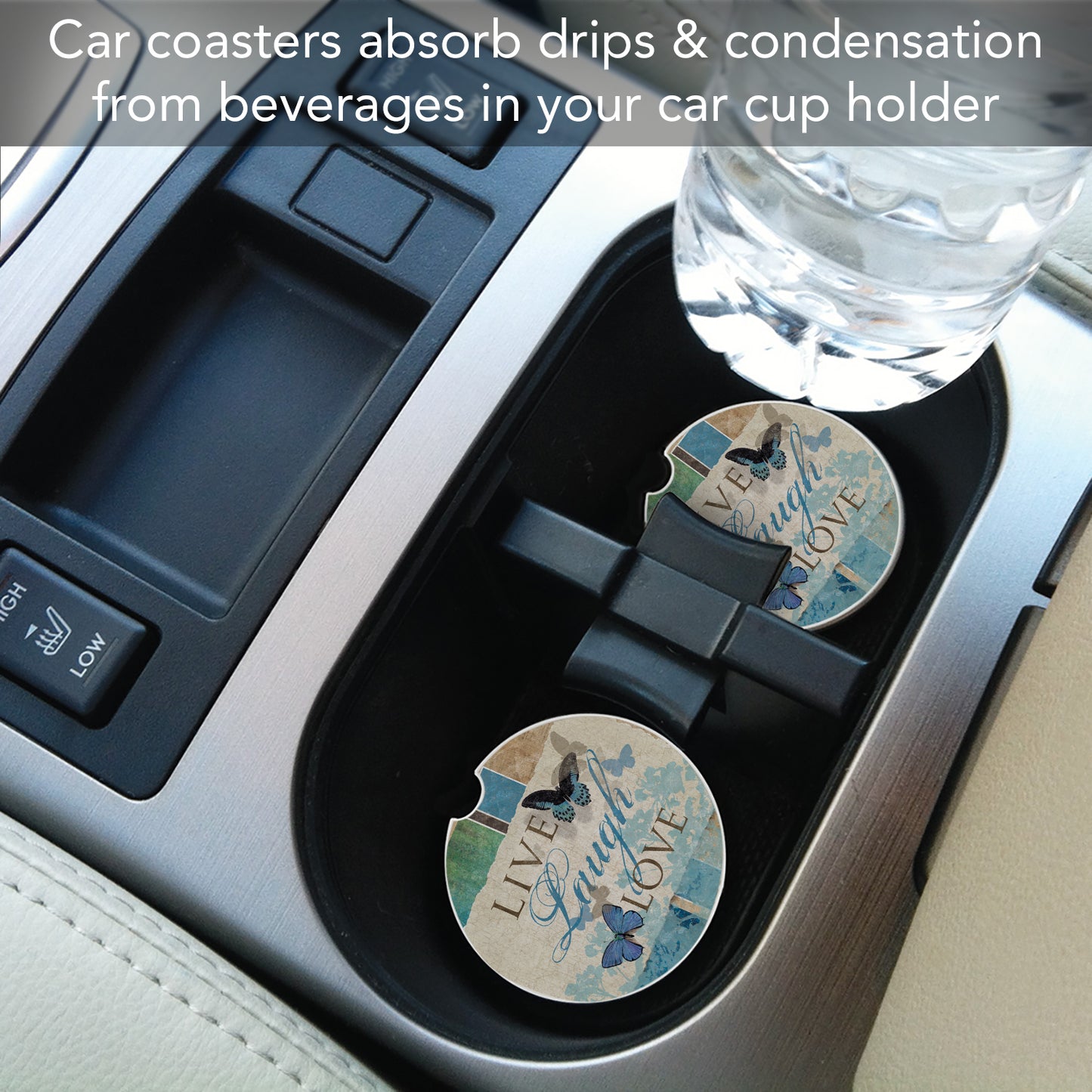 CounterArt Live Laugh Love Single Absorbnent Stone Coaster for Vehicle Cup Holder 2.6” Diameter Manufactured in The USA