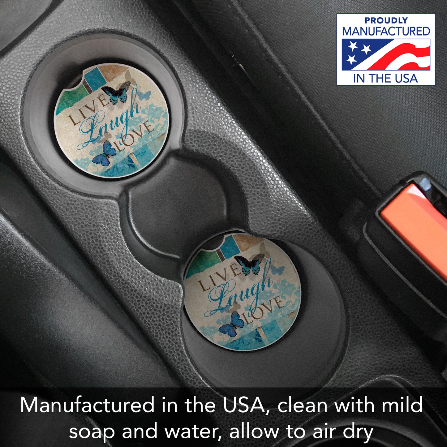 CounterArt Live Laugh Love Single Absorbnent Stone Coaster for Vehicle Cup Holder 2.6” Diameter Manufactured in The USA