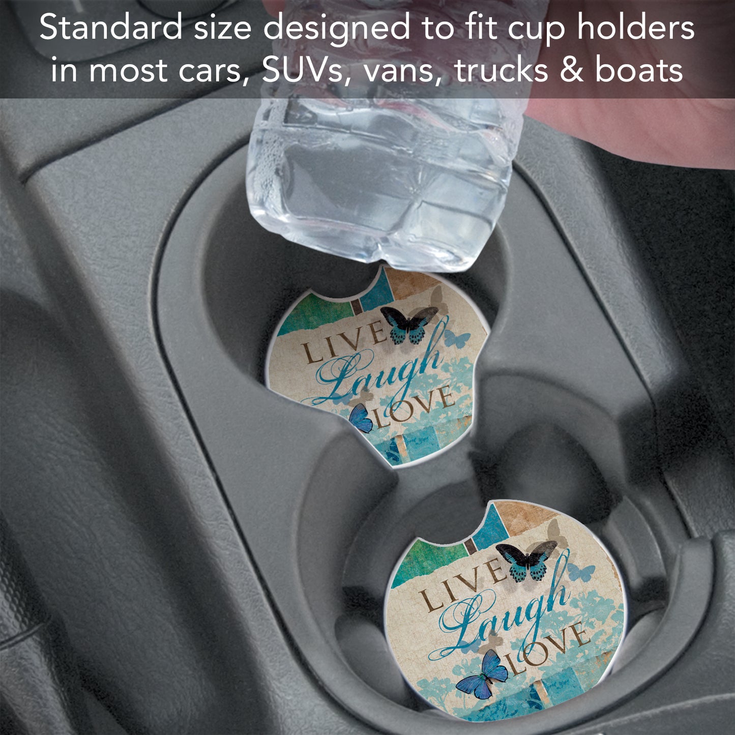 CounterArt Live Laugh Love Single Absorbnent Stone Coaster for Vehicle Cup Holder 2.6” Diameter Manufactured in The USA