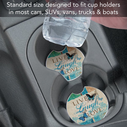 CounterArt Live Laugh Love Single Absorbnent Stone Coaster for Vehicle Cup Holder 2.6” Diameter Manufactured in The USA