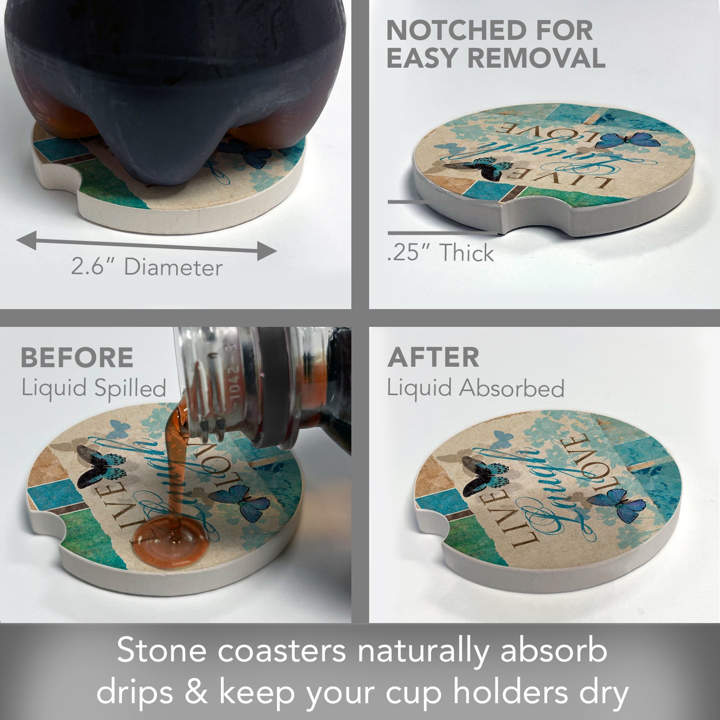 CounterArt Live Laugh Love Single Absorbnent Stone Coaster for Vehicle Cup Holder 2.6” Diameter Manufactured in The USA