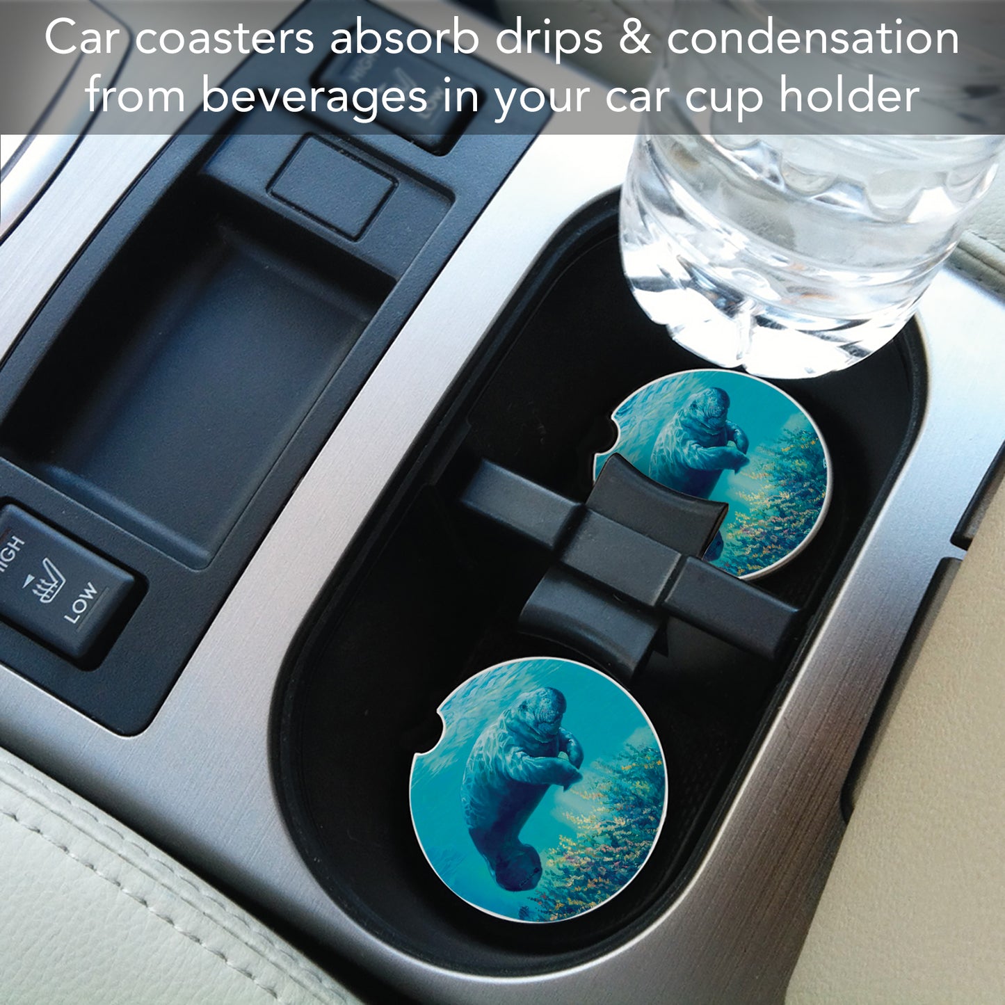 CounterArt Manatee Single Absorbnent Stone Coaster for Vehicle Cup Holder 2.6” Diameter Manufactured in The USA