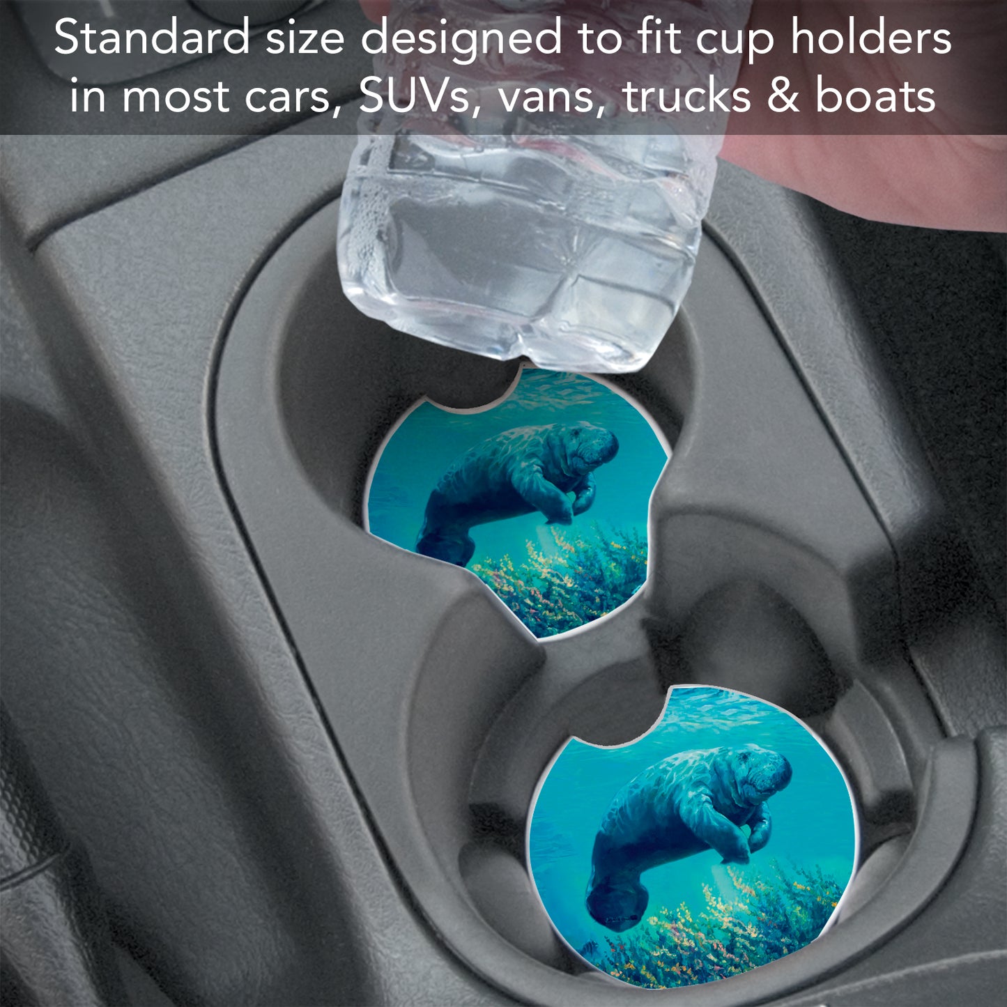 CounterArt Manatee Single Absorbnent Stone Coaster for Vehicle Cup Holder 2.6” Diameter Manufactured in The USA