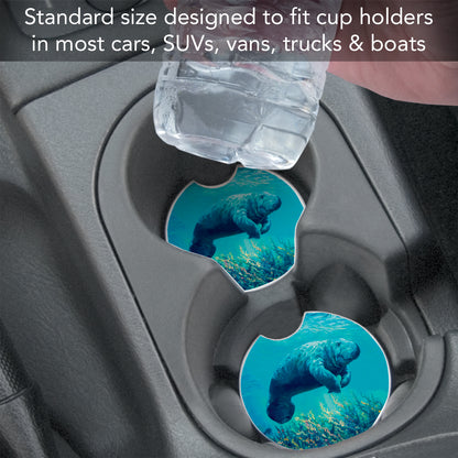 CounterArt Manatee Single Absorbnent Stone Coaster for Vehicle Cup Holder 2.6” Diameter Manufactured in The USA