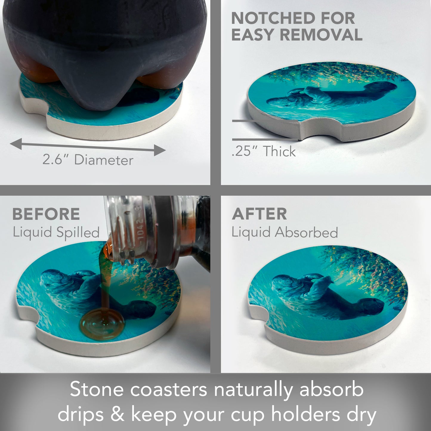 CounterArt Manatee Single Absorbnent Stone Coaster for Vehicle Cup Holder 2.6” Diameter Manufactured in The USA
