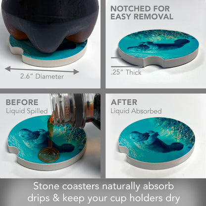 CounterArt Manatee Single Absorbnent Stone Coaster for Vehicle Cup Holder 2.6” Diameter Manufactured in The USA