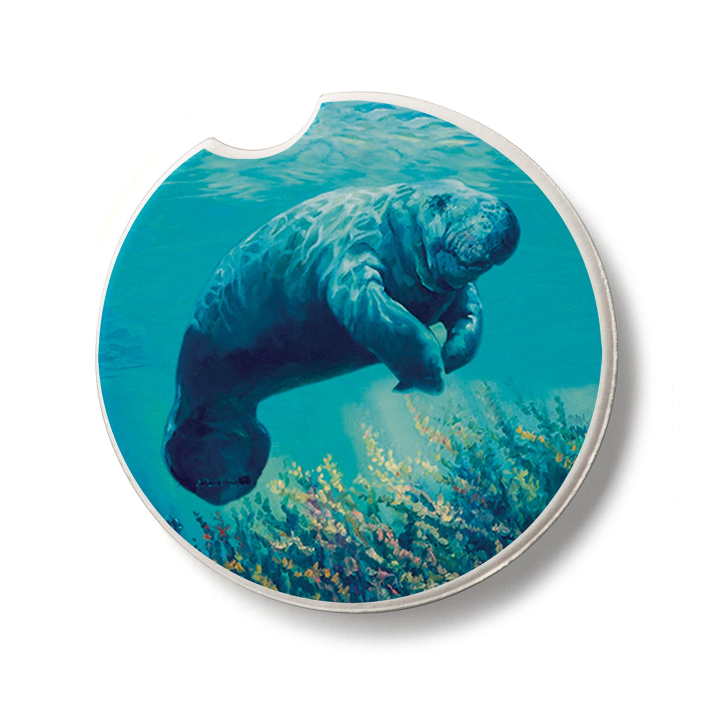 Manatee Single Absorbent Stone Car Coaster 2.6” Diameter Manufactured in the USA