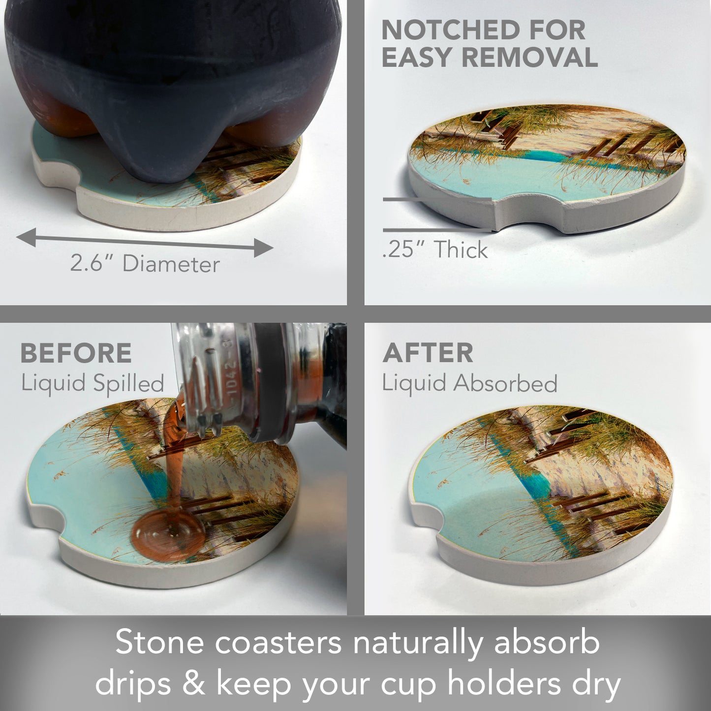 CounterArt Path to The Ocean Single Absorbnent Stone Coaster for Vehicle Cup Holder 2.6” Diameter Manufactured in The USA