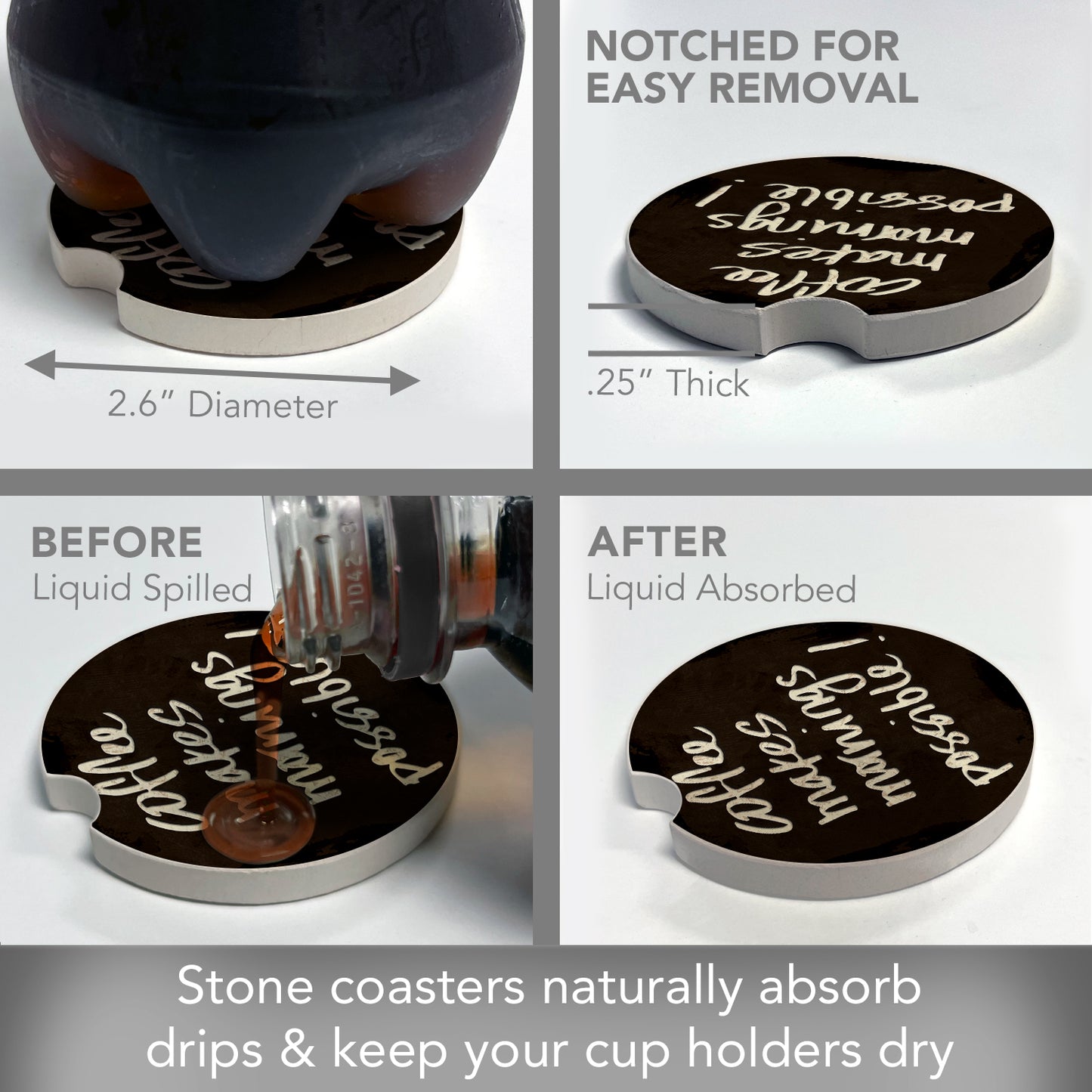 CounterArt Coffee Makes Mornings Single Absorbent Stone Coaster for Vehicle Cup Holder 2.6” Diameter Manufactured in The USA